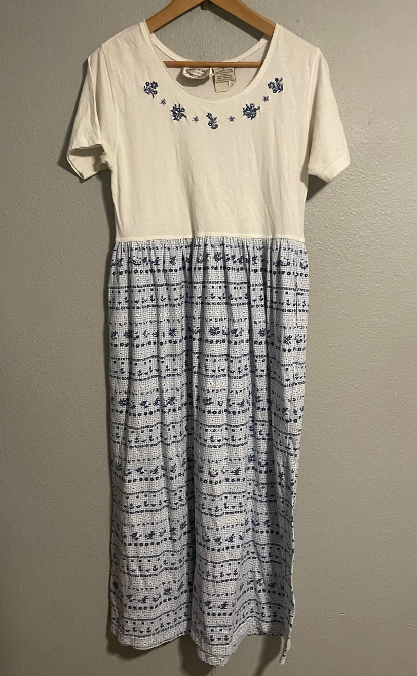 Vintage Womens Dress Small Blue Floral Maxi Embroidered Cottagecore 90s FLAW